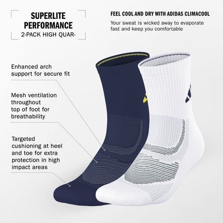 adidas Unisex Superlite Performance 2-Pack High Quarter Socks Unisex Accessories Socks