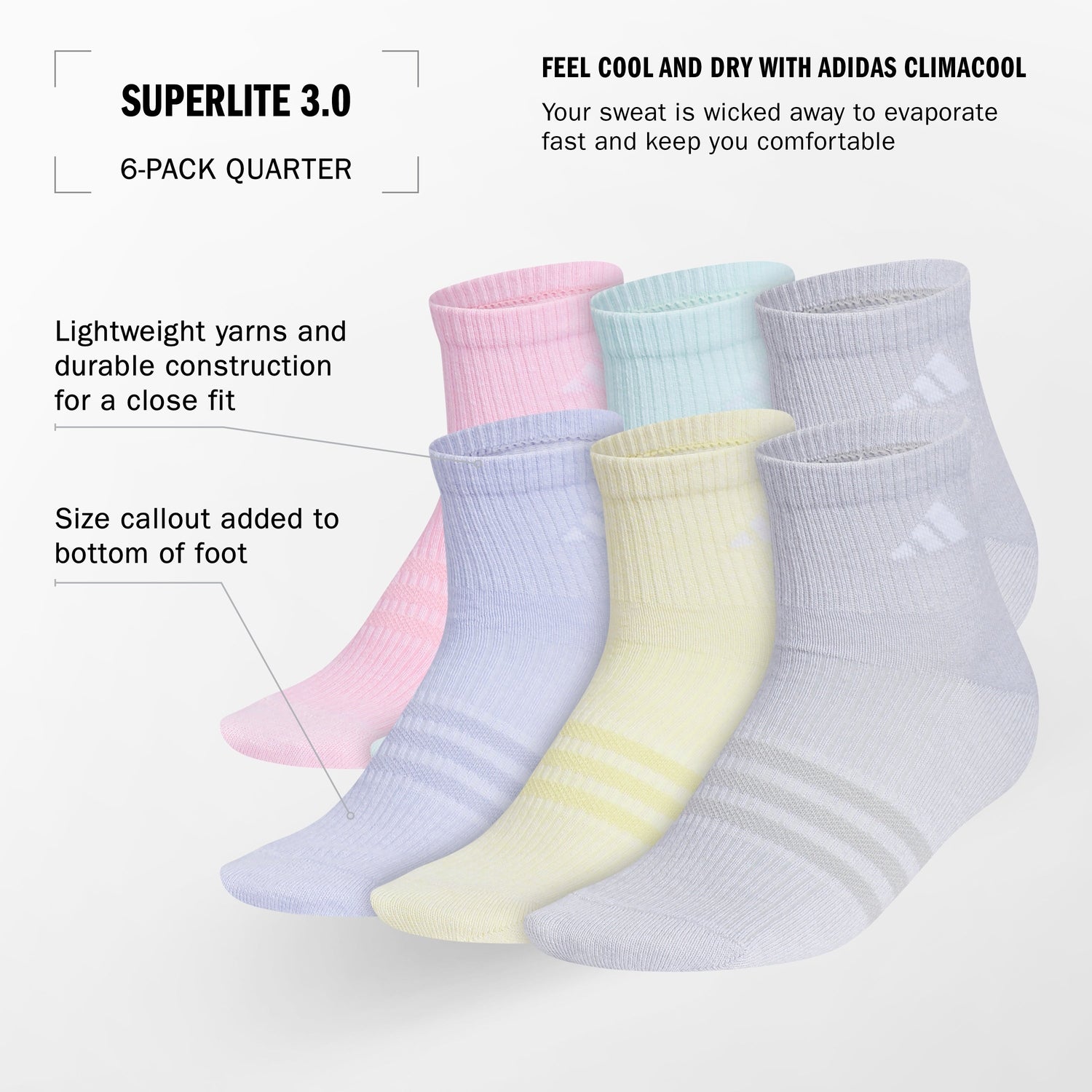 adidas Girls' Superlite 3.0 6-Pack Quarter Socks Unisex Accessories Socks