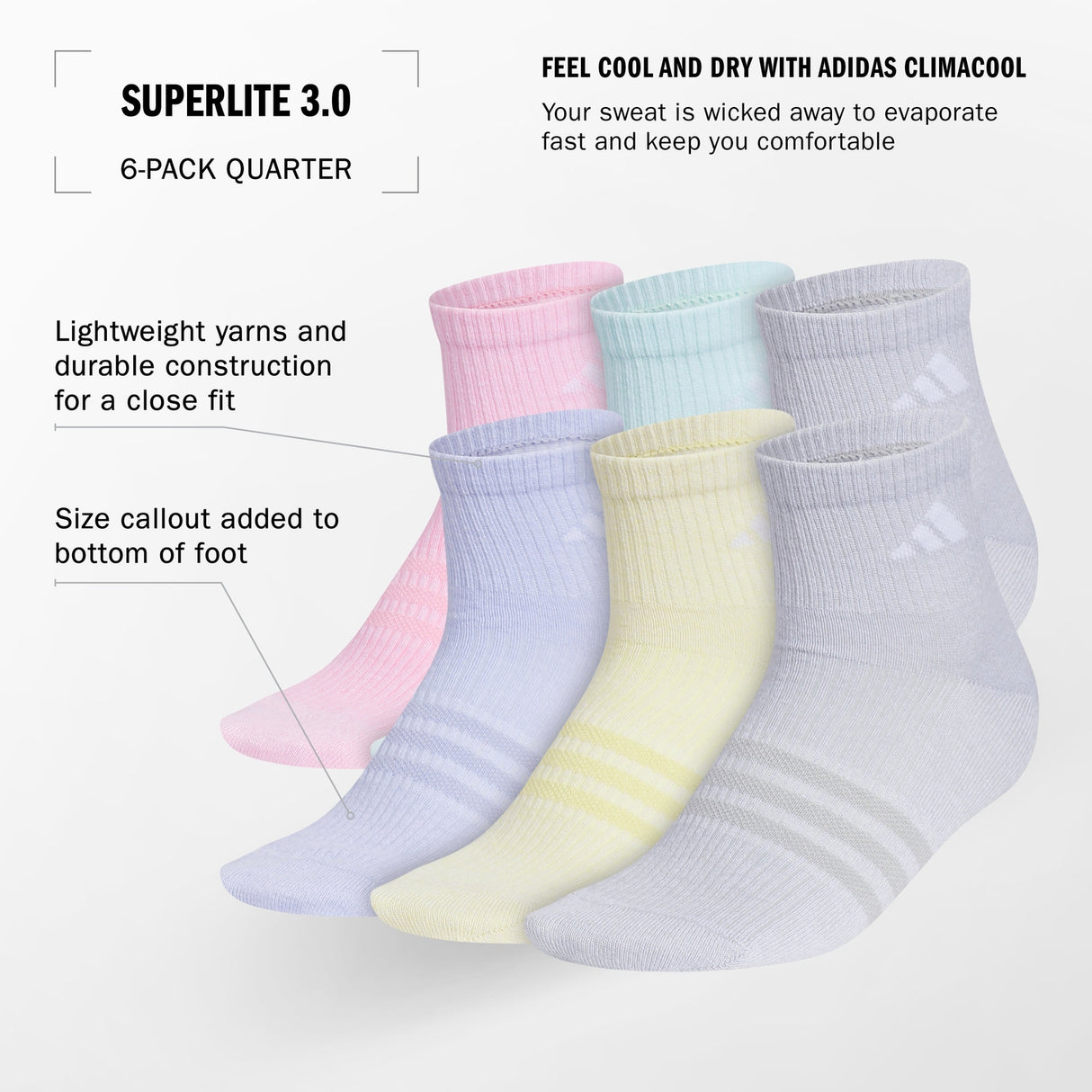 adidas Girls' Superlite 3.0 6-Pack Quarter Socks Unisex Accessories Socks