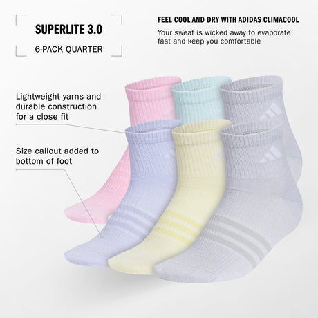 adidas Girls' Superlite 3.0 6-Pack Quarter Socks Unisex Accessories Socks