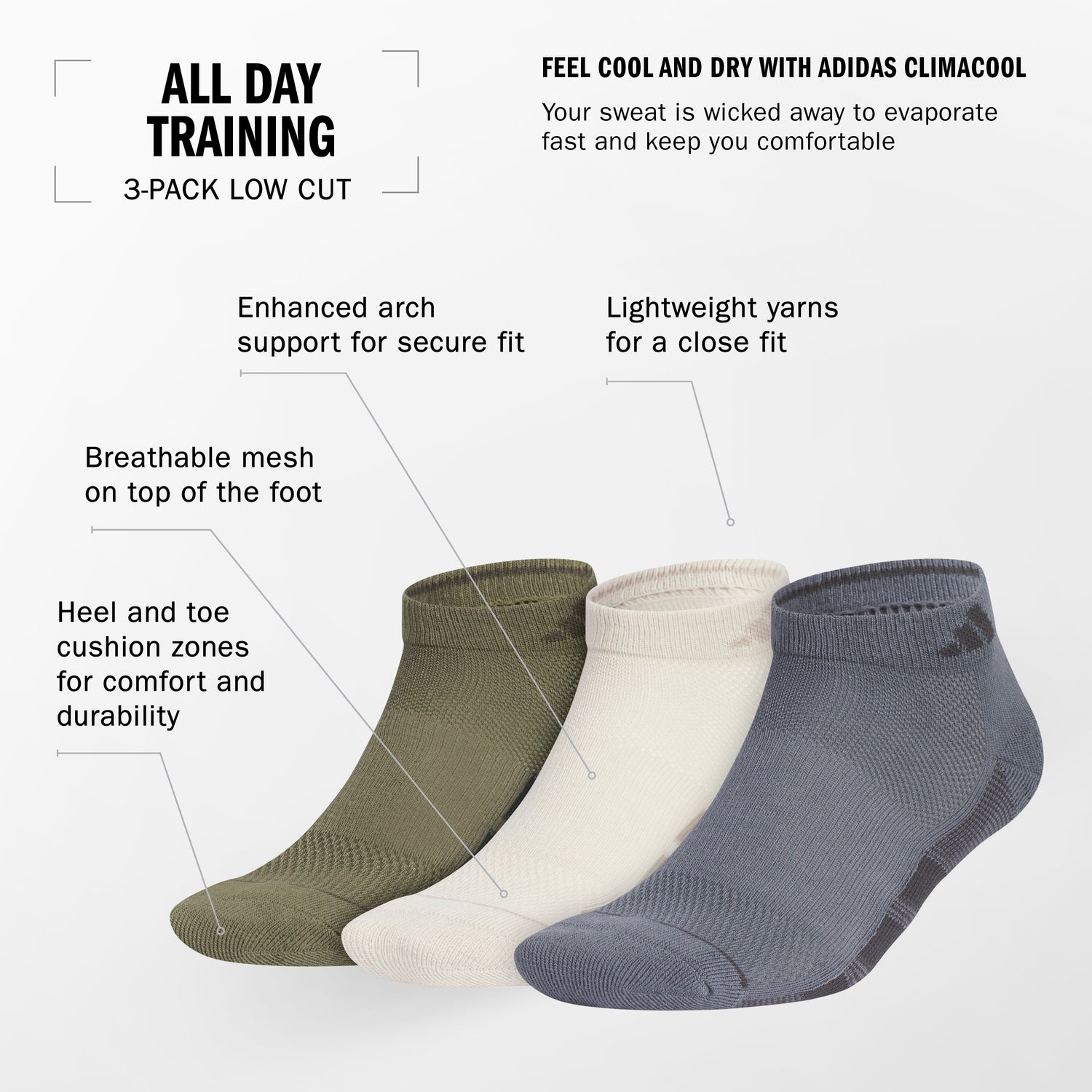 adidas Men's All Day Training 3-Pack Low Cut Socks Unisex Accessories Socks