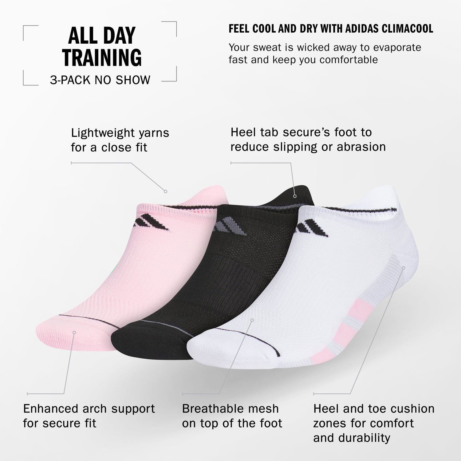 adidas Men's All Day Training 3-Pack No Show Socks Unisex Accessories Socks