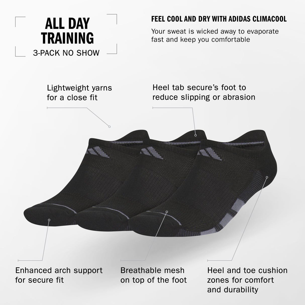 adidas Men's All Day Training 3-Pack No Show Socks Unisex Accessories Socks