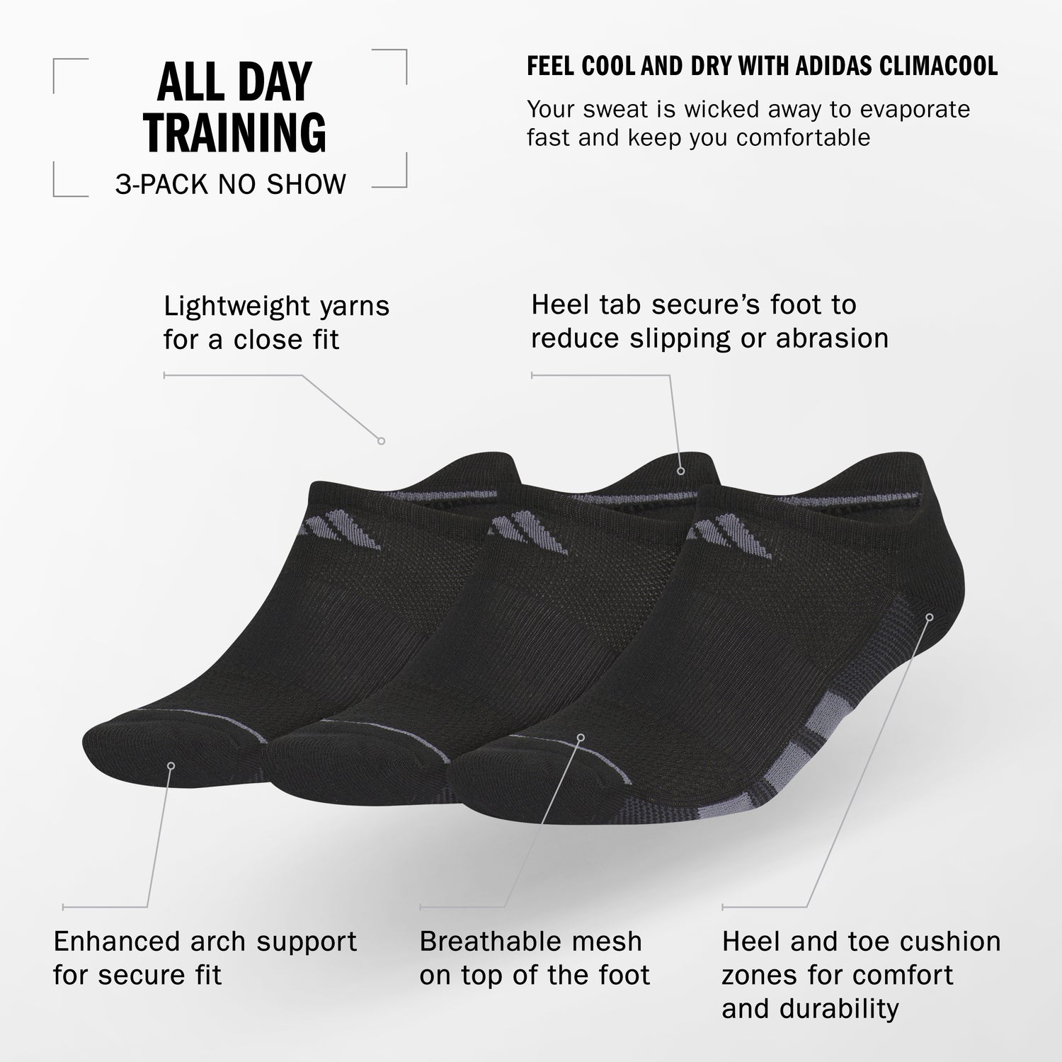 adidas Men's All Day Training 3-Pack No Show Socks Unisex Accessories Socks