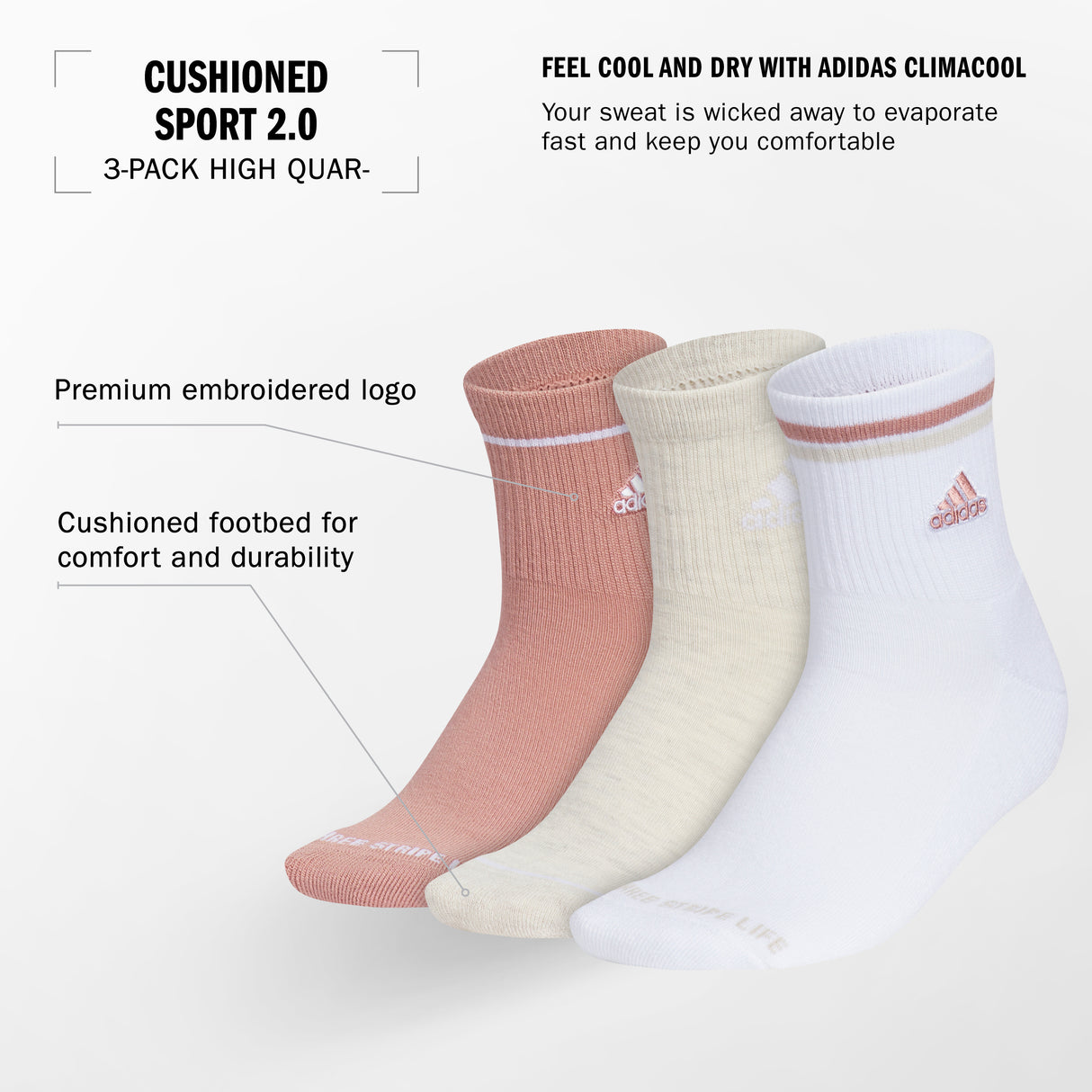 adidas Women's Sport 2.0 High Quarter Socks 3 Pairs Unisex Accessories Socks