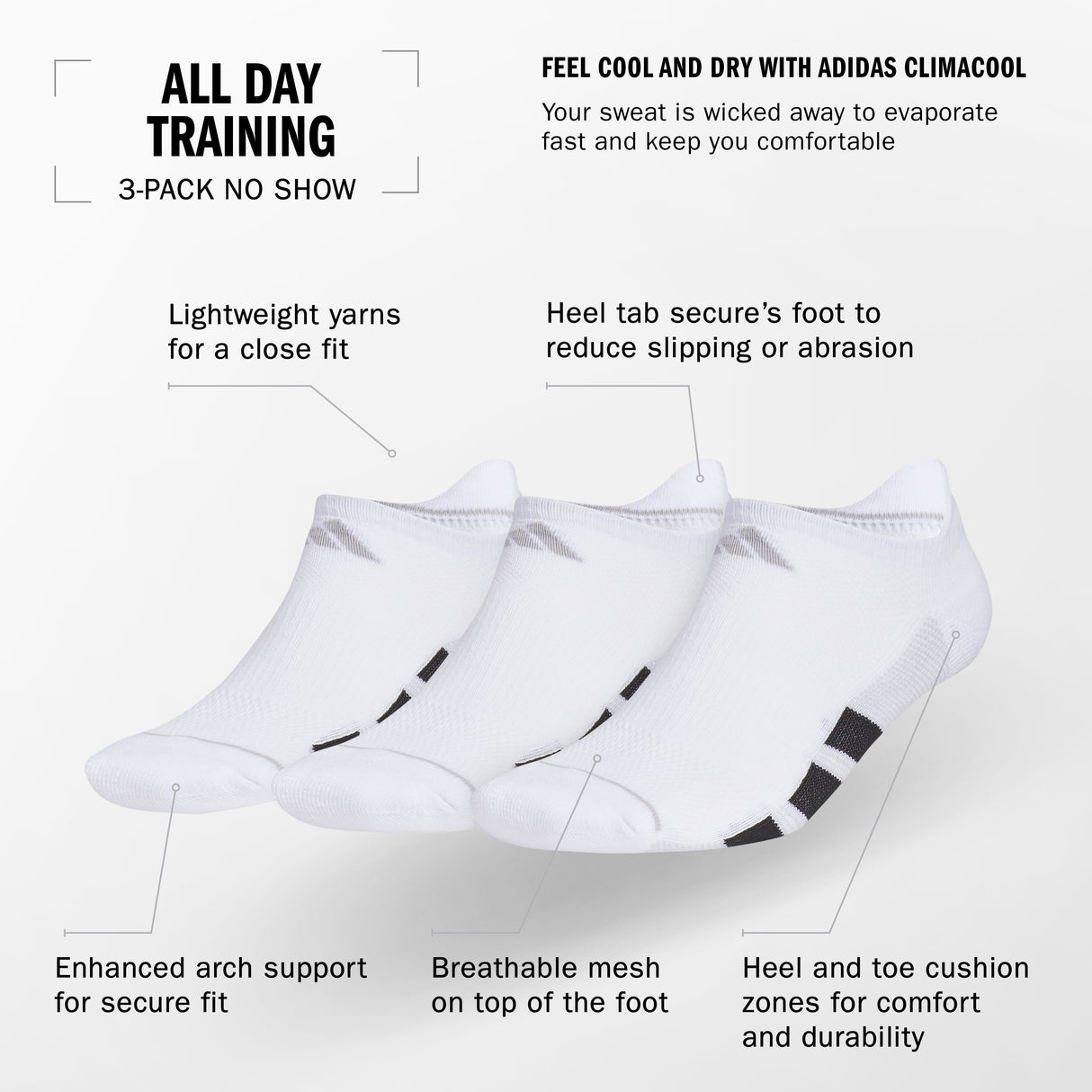 adidas Men's All Day Training 3-Pack No Show Socks Unisex Accessories Socks