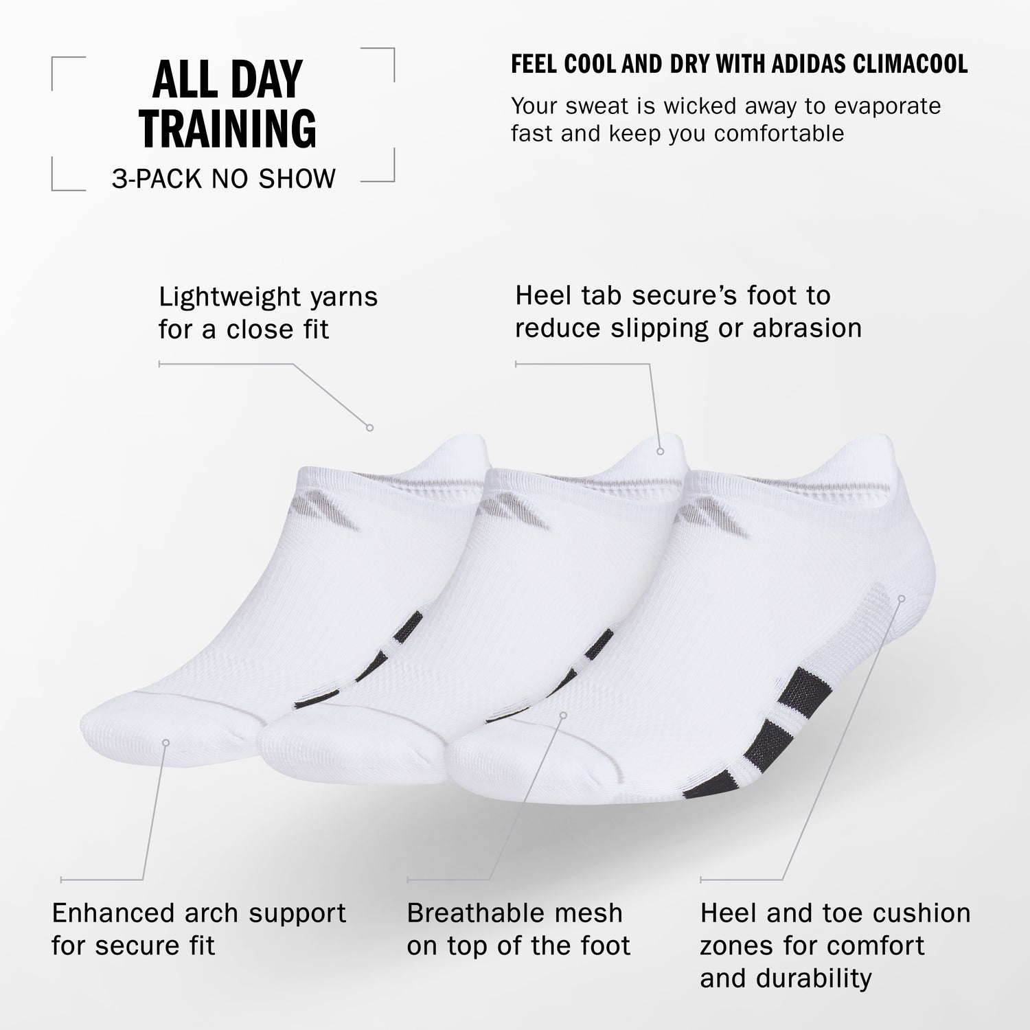 adidas Men's All Day Training 3-Pack No Show Socks Unisex Accessories Socks