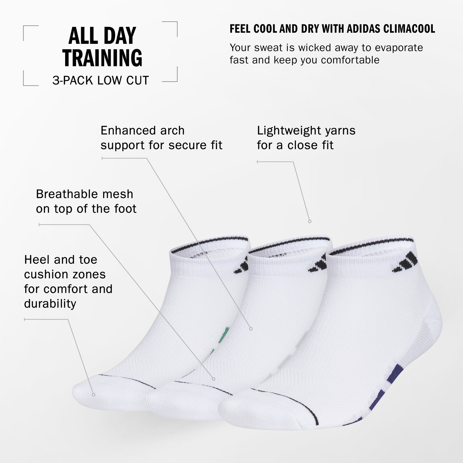 adidas Men's All Day Training 3-Pack Low Cut Socks Unisex Accessories Socks