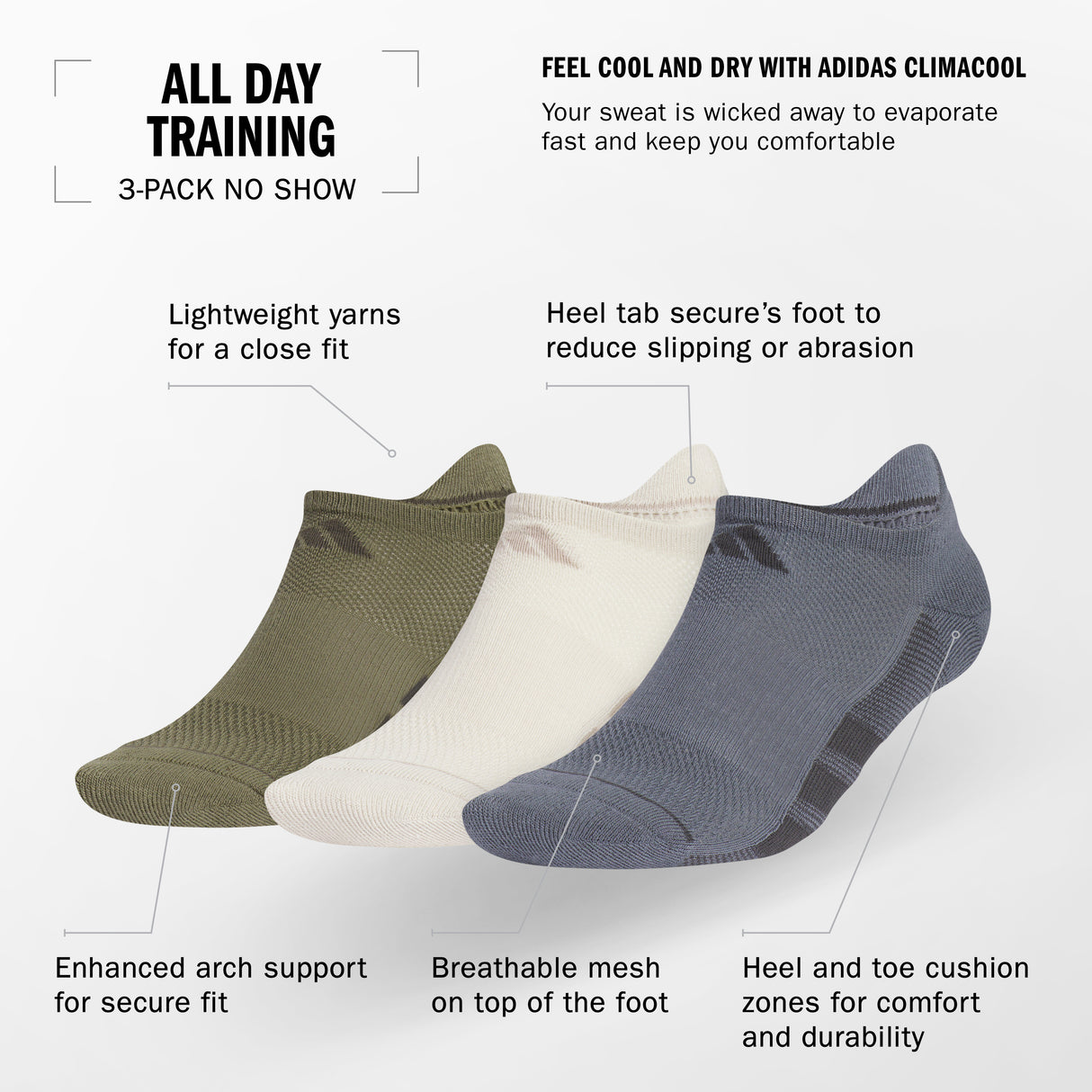 adidas Men's All Day Training 3-Pack No Show Socks Unisex Accessories Socks