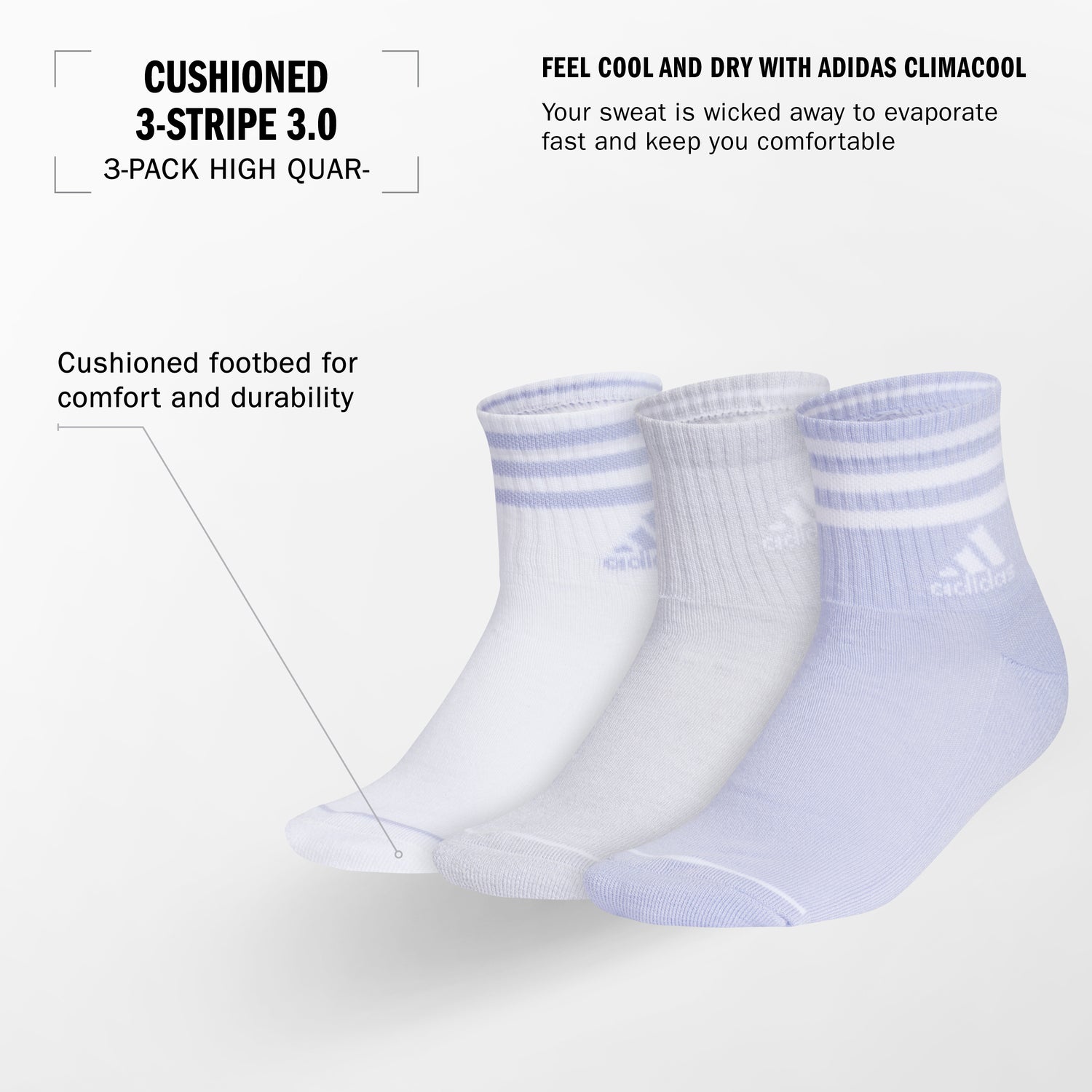 adidas Women's Cushioned 3-Stripe 3.0 3-Pack High Quarter Socks Unisex Accessories Socks