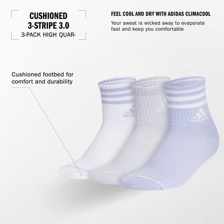 adidas Women's Cushioned 3-Stripe 3.0 3-Pack High Quarter Socks Unisex Accessories Socks