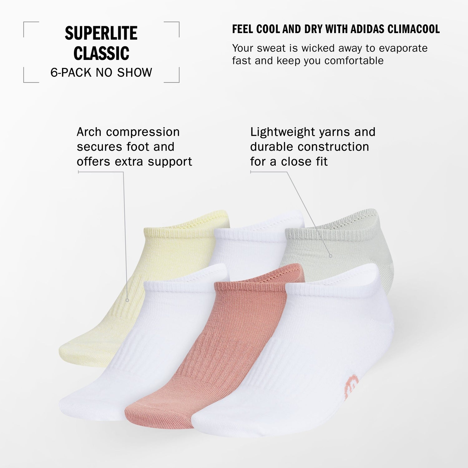 adidas Women's Superlite Classic No Show Sock 6-Pack Unisex Accessories Socks