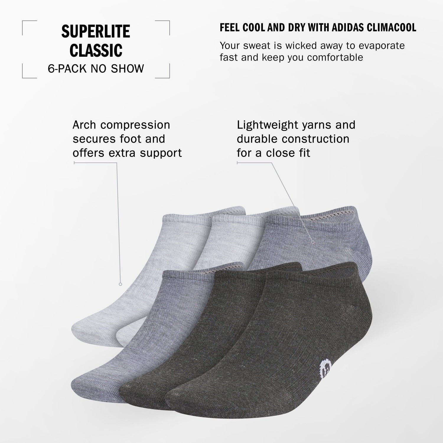 adidas Men's Superlite Classic 6-Pack No Show Socks Unisex Accessories Socks