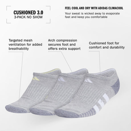 adidas Women's Cushioned 3.0 3-Pack No Show Socks Unisex Accessories Socks