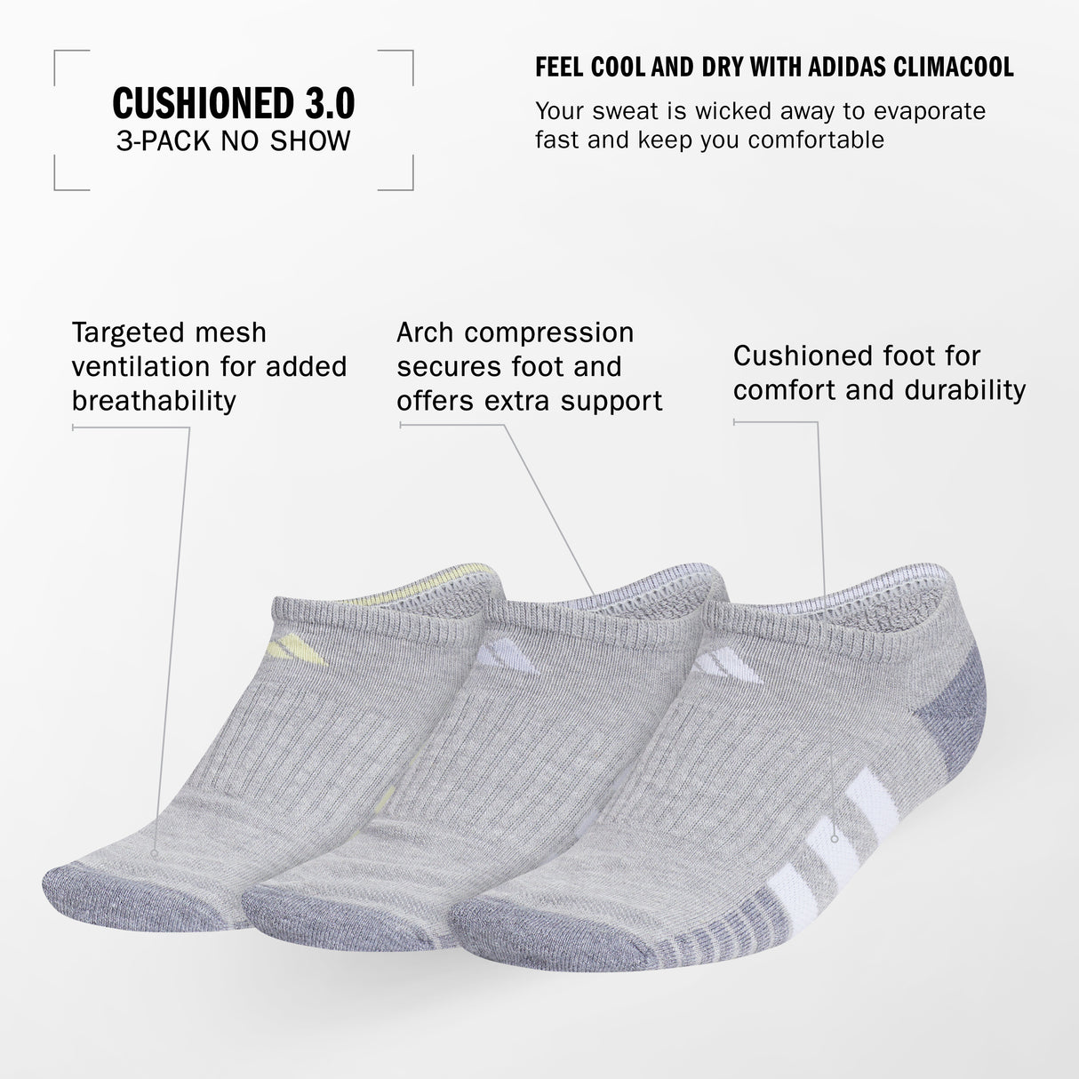 adidas Women's Cushioned 3.0 3-Pack No Show Socks Unisex Accessories Socks