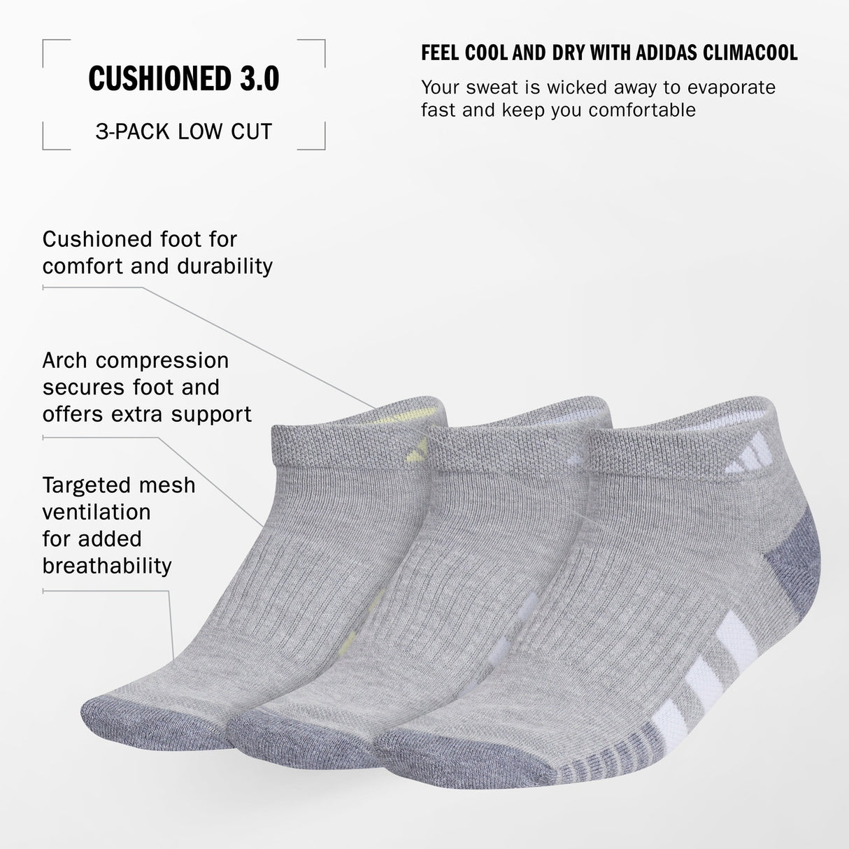 adidas Women's Cushioned 3.0 3-Pack Low Cut Socks Unisex Accessories Socks