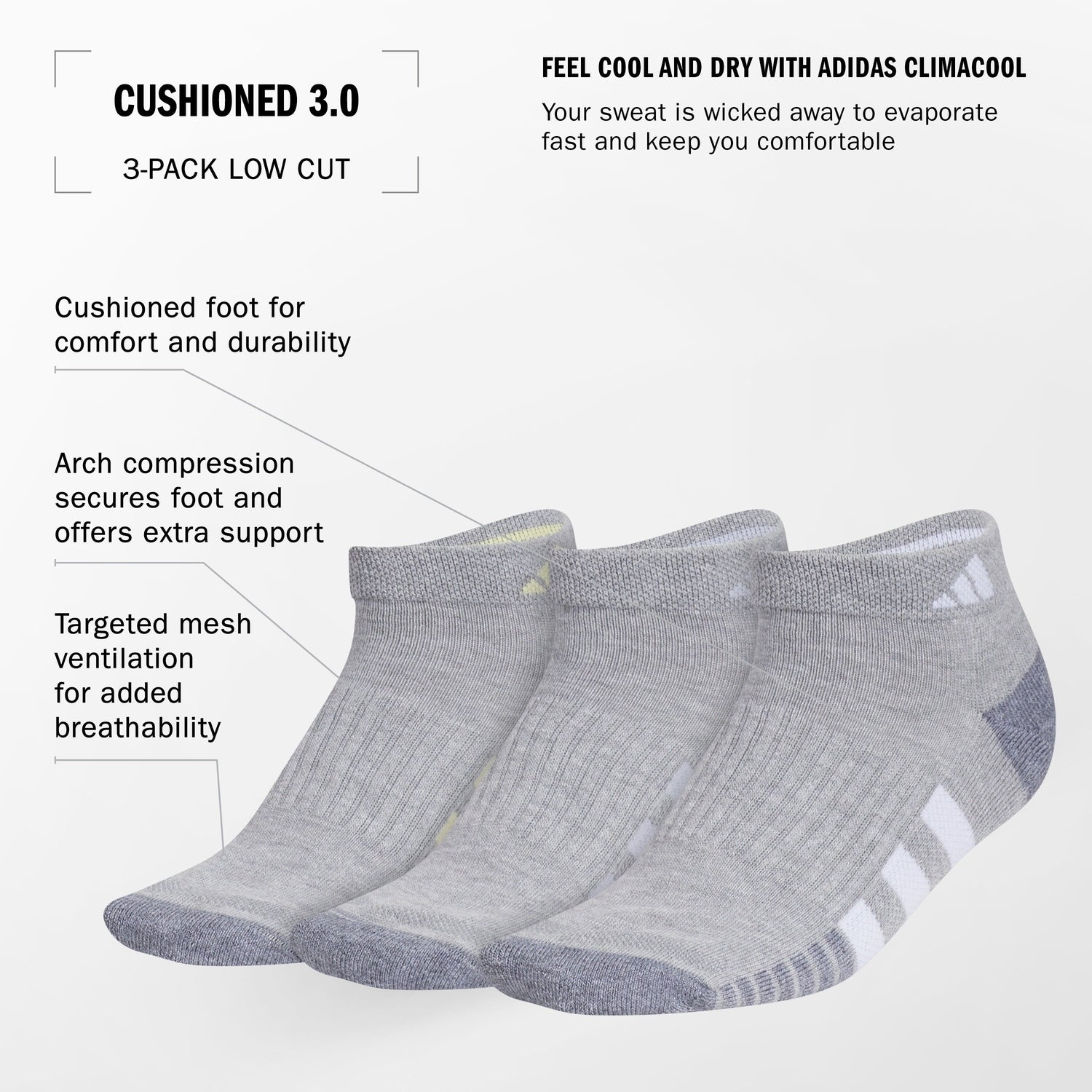 adidas Women's Cushioned 3.0 3-Pack Low Cut Socks Unisex Accessories Socks