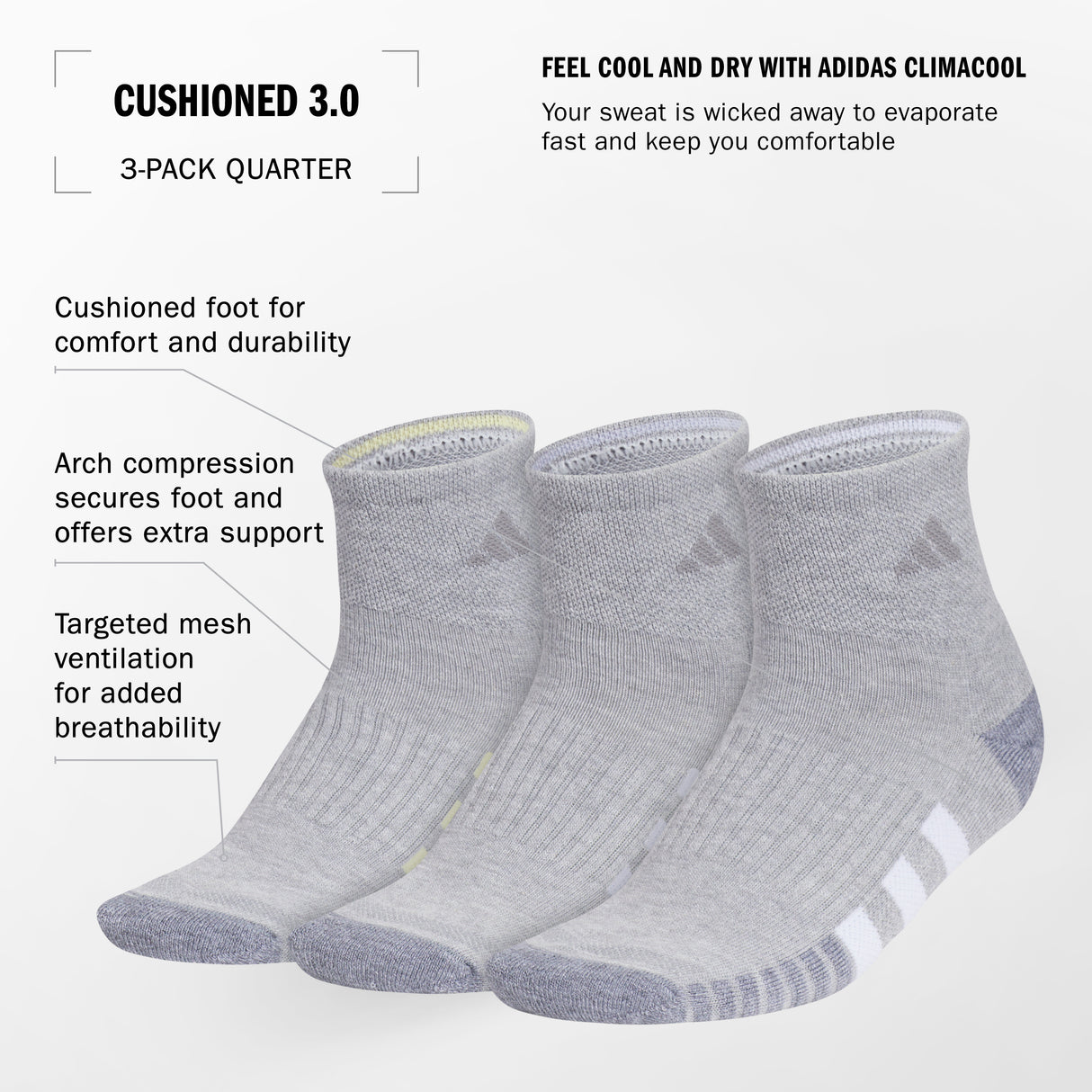 adidas Women's Cushioned 3.0 3-Pack Quarter Socks-2