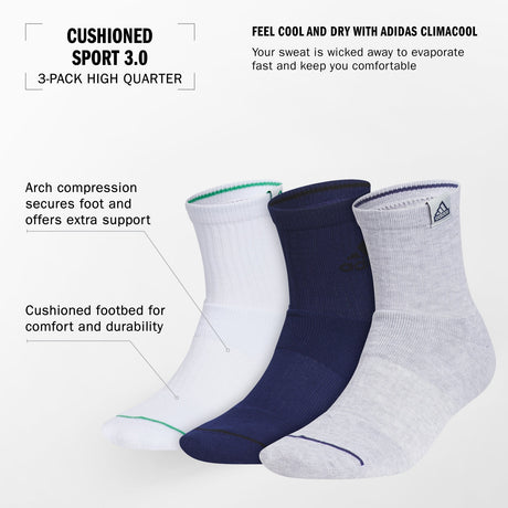 adidas Men's Cushioned Sport 3.0 High Quarter Sock 3 Pairs Unisex Accessories Socks