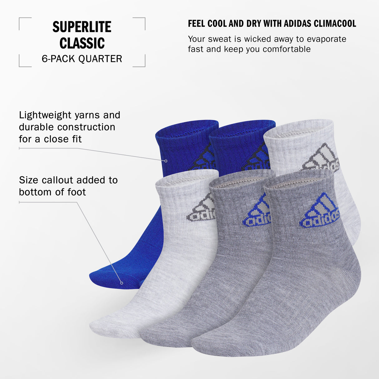 adidas Youth Superlite Classic 6-Pack Quarter Socks Unisex Accessories Socks