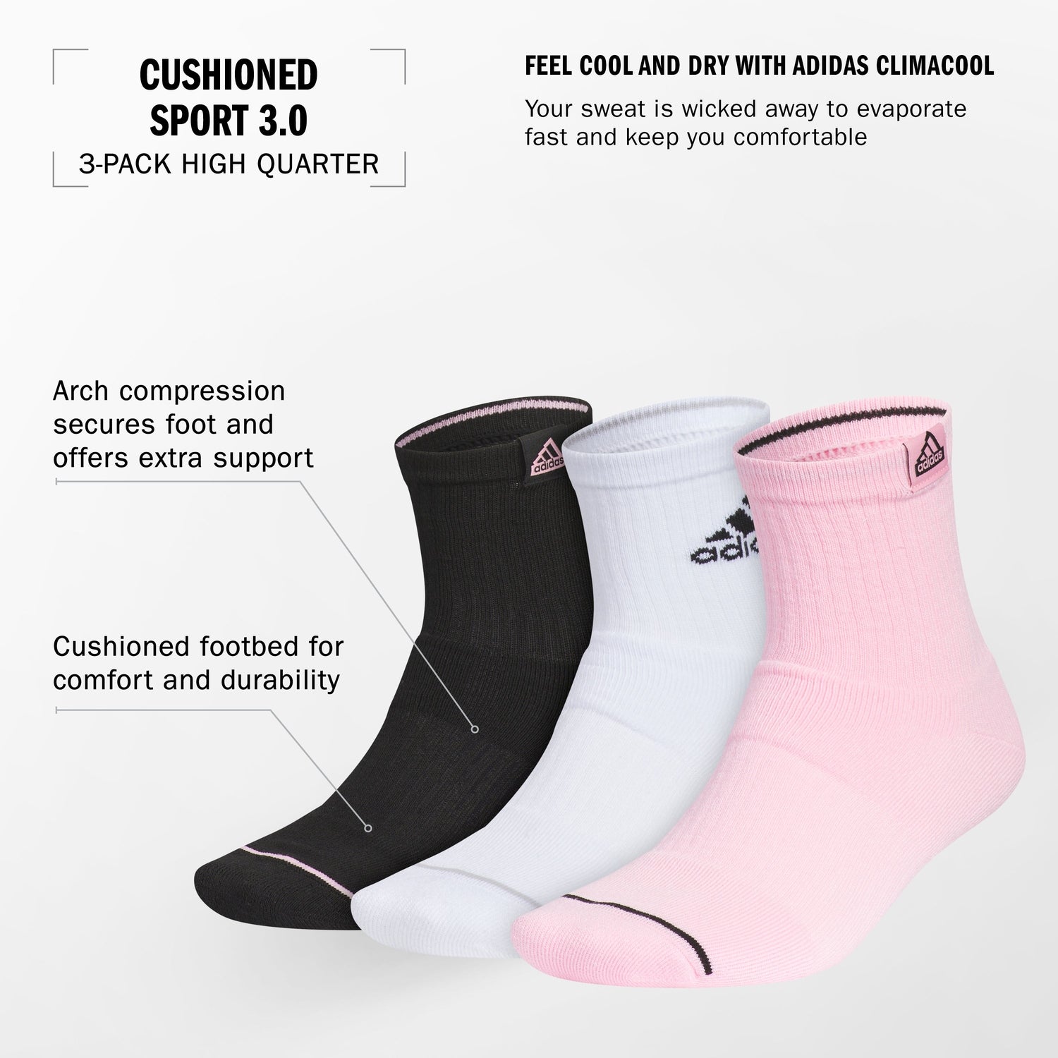 adidas Men's Cushioned Sport 3.0 High Quarter Sock 3 Pairs Unisex Accessories Socks