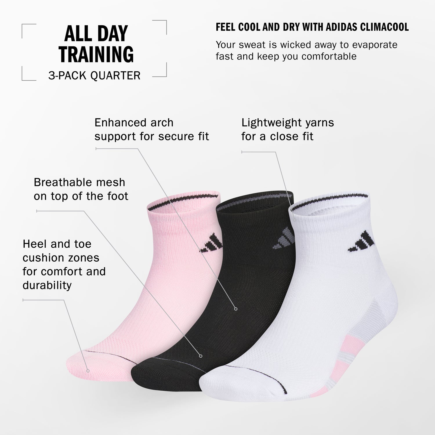 adidas Men's All Day Training 3-Pack Quarter Socks Unisex Accessories Socks