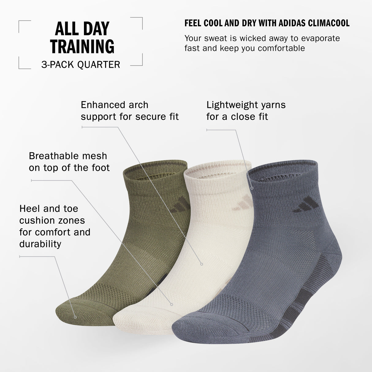 adidas Men's All Day Training 3-Pack Quarter Socks Unisex Accessories Socks