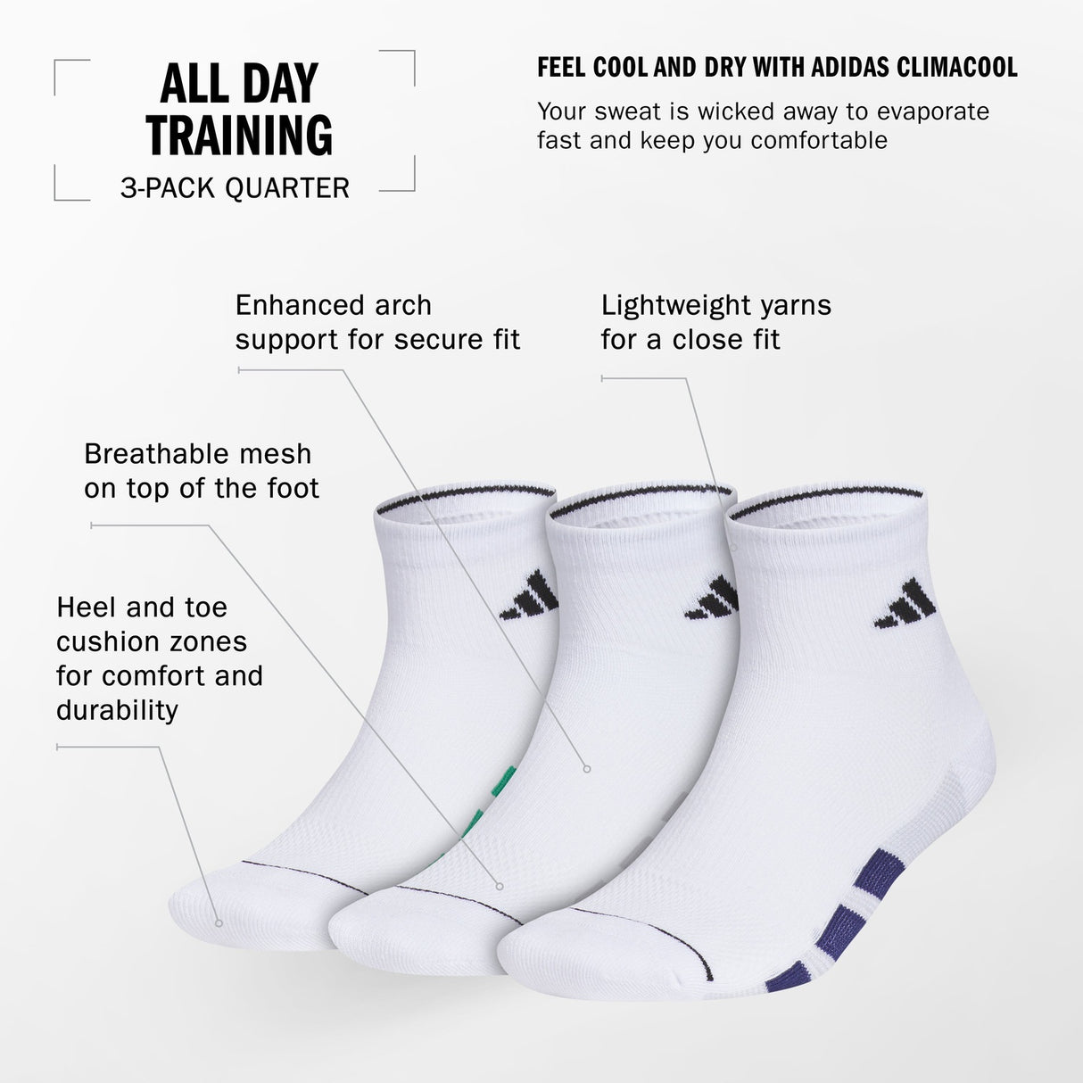 adidas Men's All Day Training 3-Pack Quarter Socks Unisex Accessories Socks