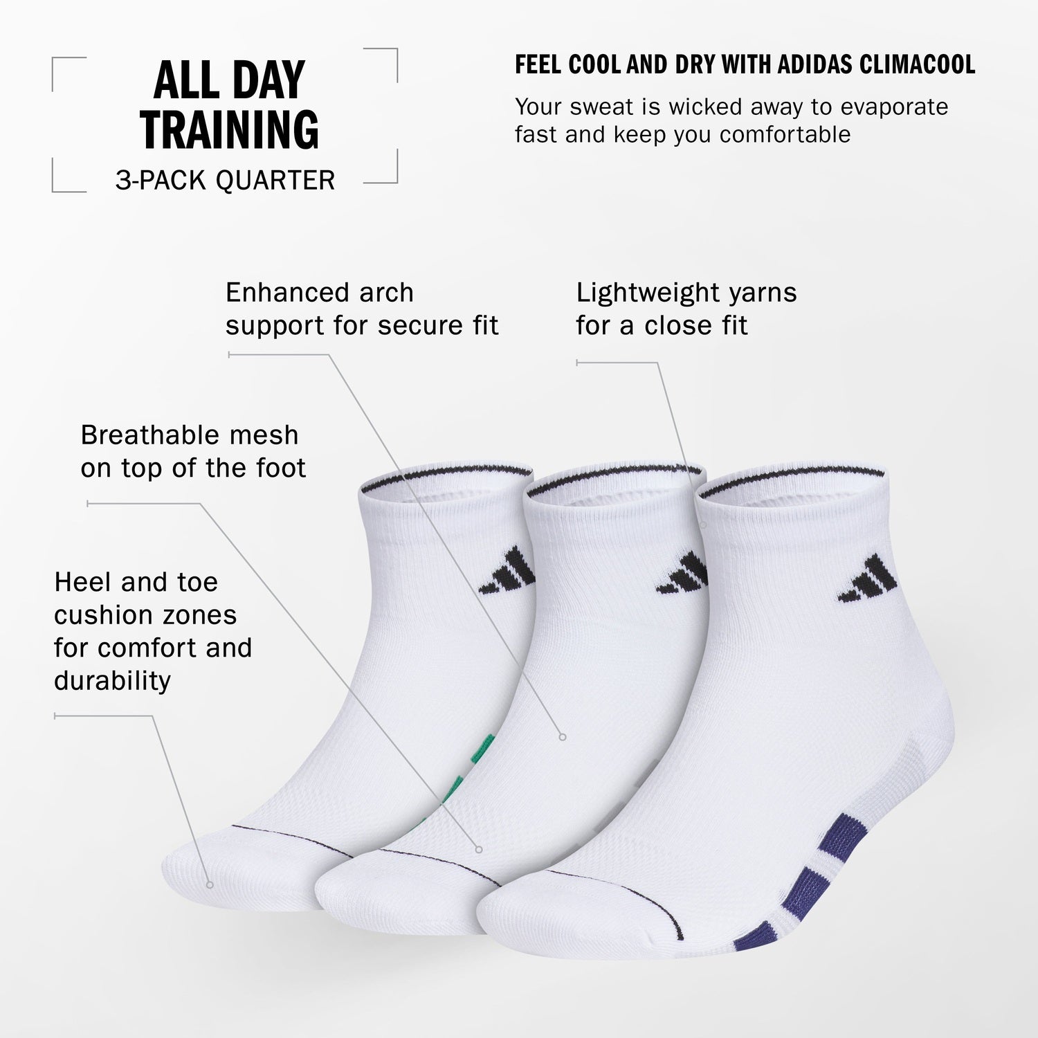 adidas Men's All Day Training 3-Pack Quarter Socks Unisex Accessories Socks