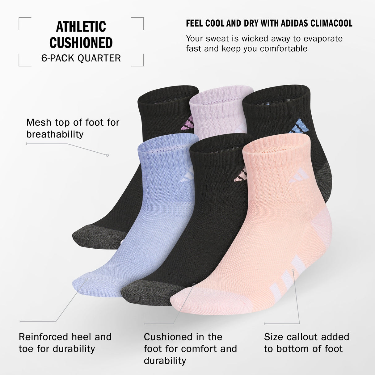 adidas Girls' Athletic Cushioned 6-Pack Quarter Socks Unisex Accessories Socks
