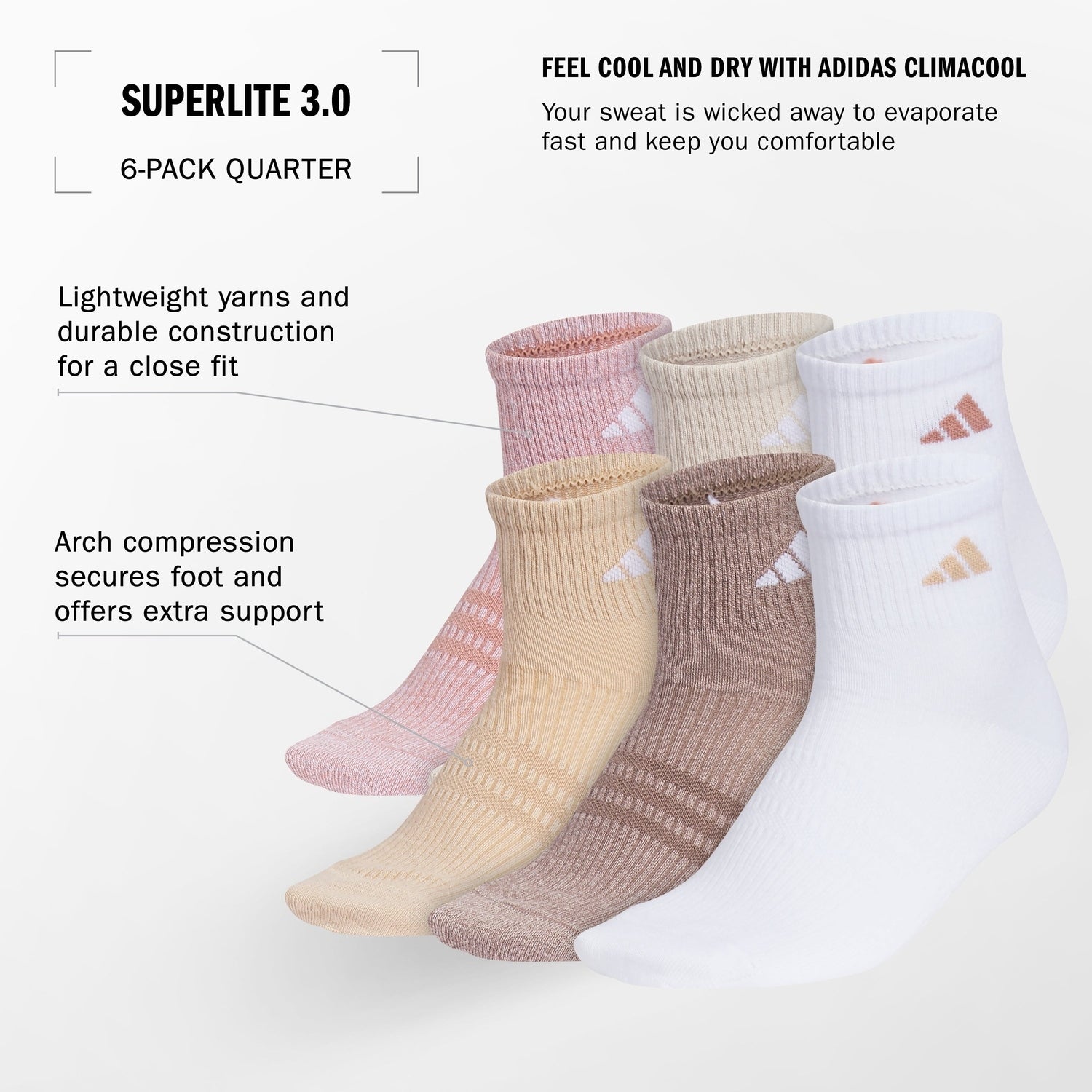 adidas Women's Superlite 3.0 6-Pack Quarter Socks Unisex Accessories Socks