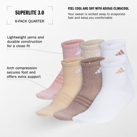 adidas Women's Superlite 3.0 6-Pack Quarter Socks Unisex Accessories Socks