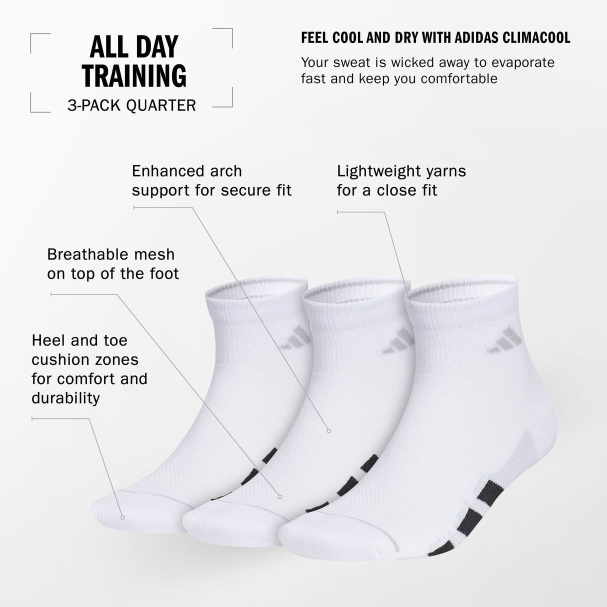 adidas Men's All Day Training 3-Pack Quarter Socks Unisex Accessories Socks