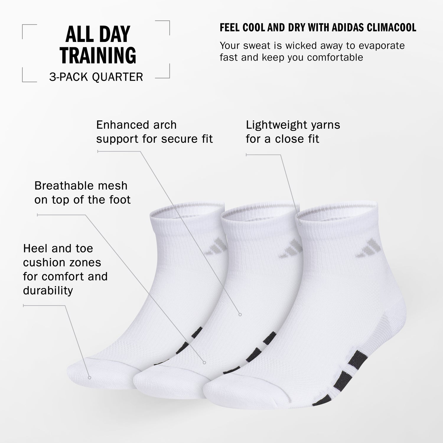 adidas Men's All Day Training 3-Pack Quarter Socks Unisex Accessories Socks