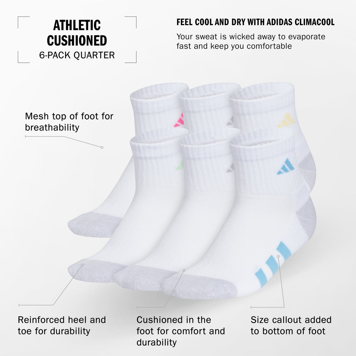 adidas Girls' Athletic Cushioned 6-Pack Quarter Socks Unisex Accessories Socks