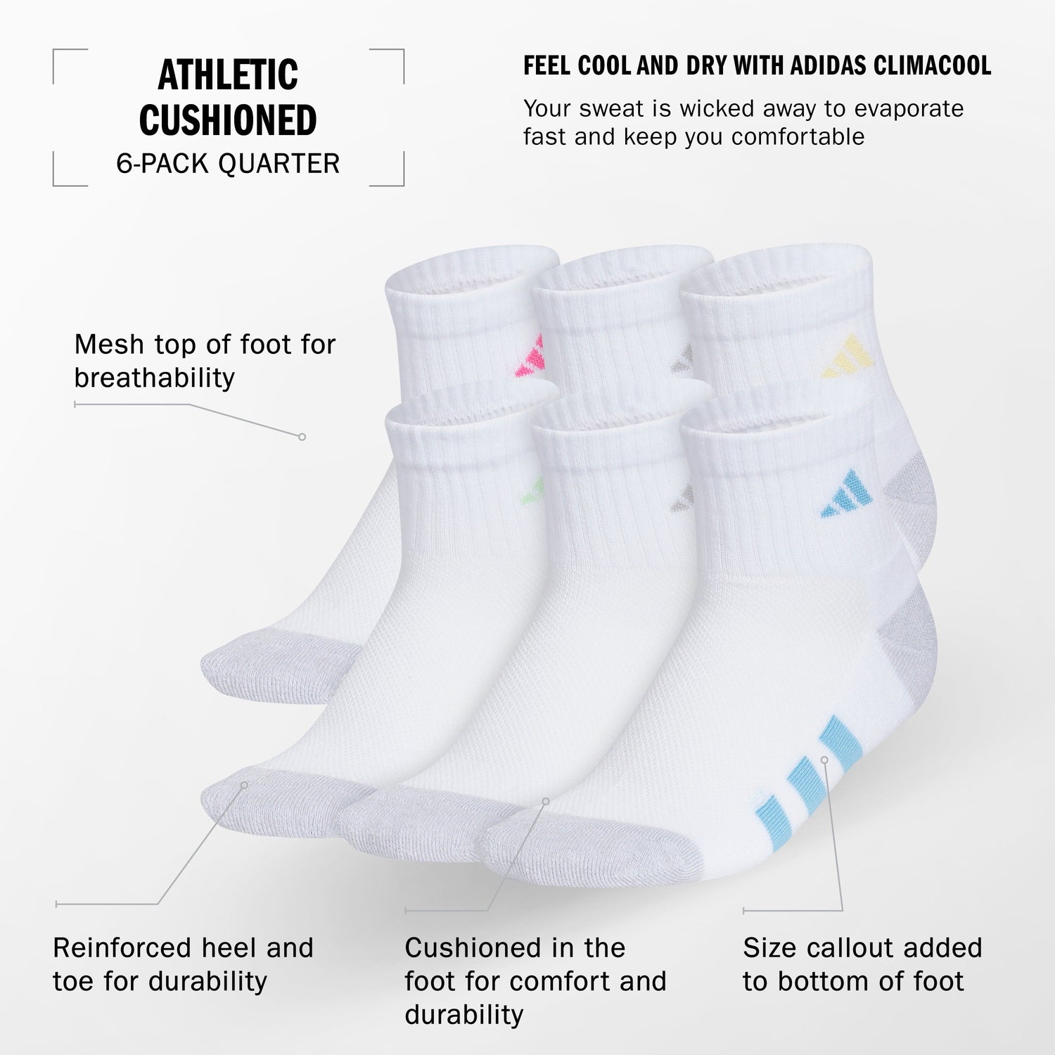adidas Girls' Athletic Cushioned 6-Pack Quarter Socks Unisex Accessories Socks