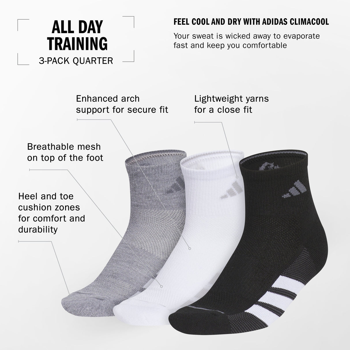 adidas Women's All Day Training 3-Pack Quarter Socks Unisex Accessories Socks
