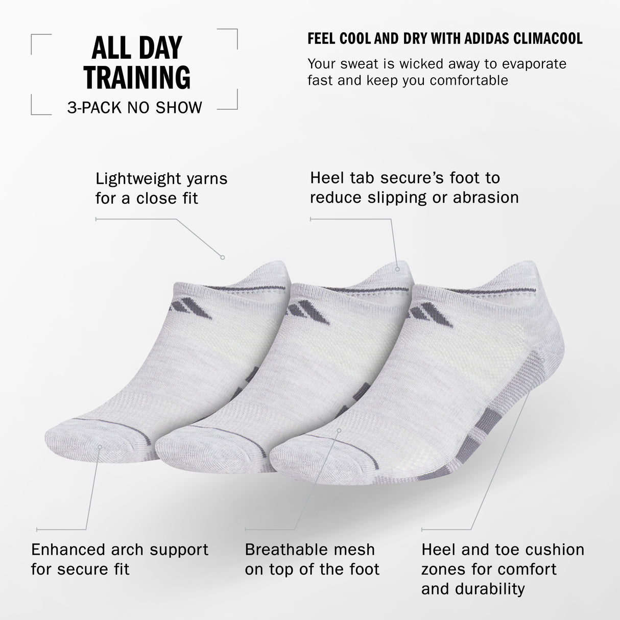 adidas Men's All Day Training 3-Pack Quarter Socks Unisex Accessories Socks