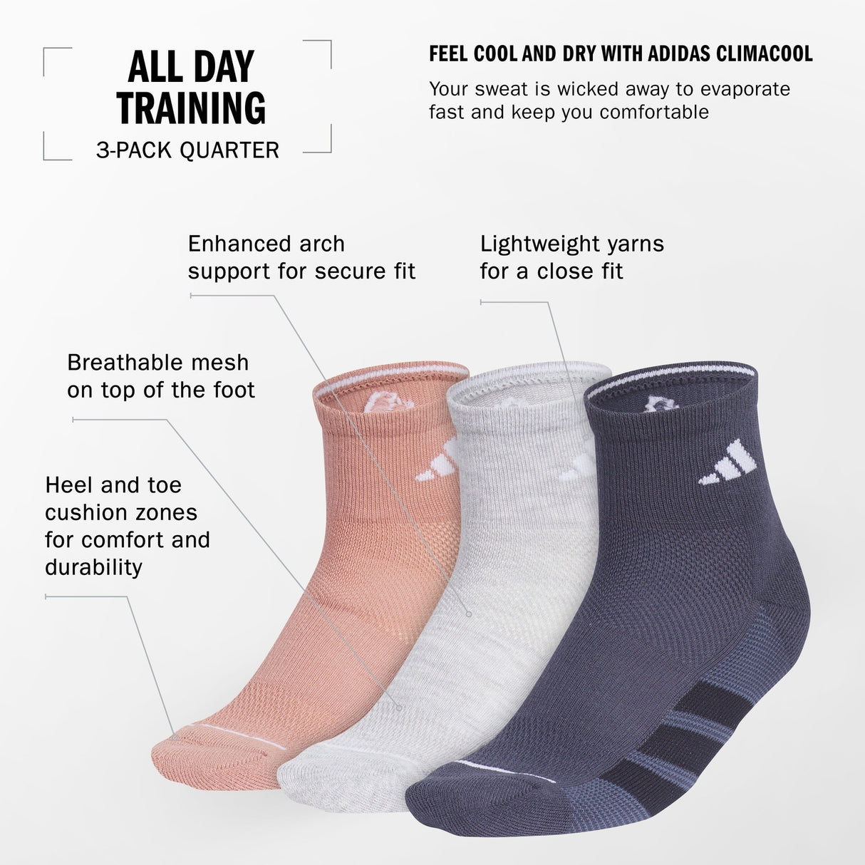 adidas Women's All Day Training 3-Pack Quarter Socks Unisex Accessories Socks