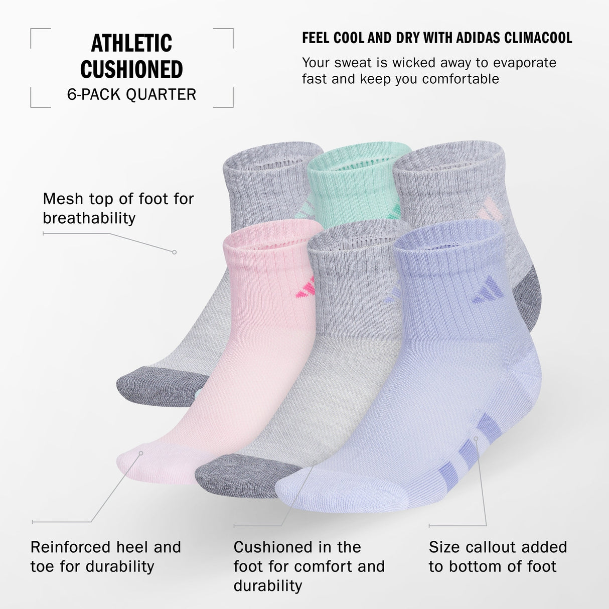 adidas Girls' Athletic Cushioned 6-Pack Quarter Socks Unisex Accessories Socks
