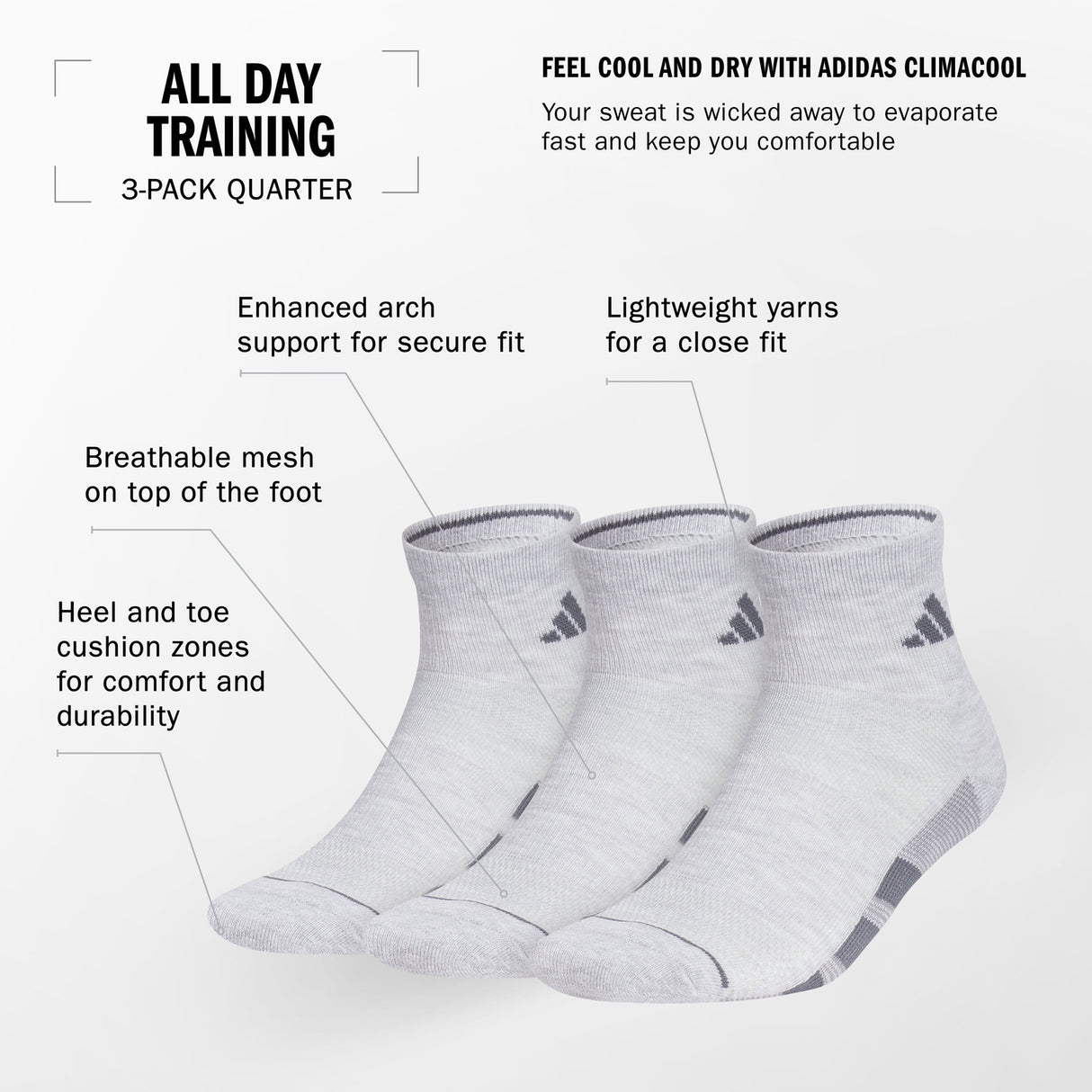 adidas Men's All Day Training 3-Pack Quarter Socks Unisex Accessories Socks