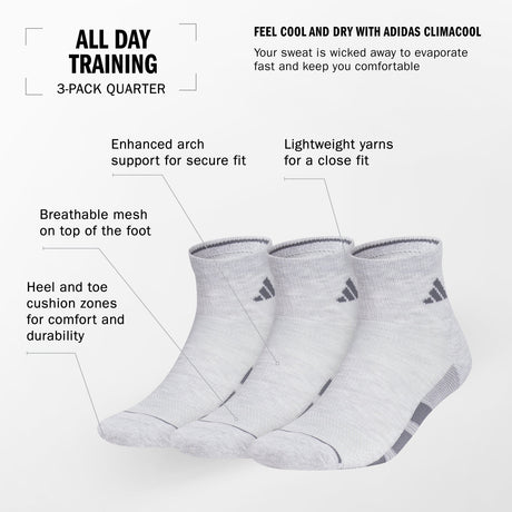 adidas Men's All Day Training 3-Pack Quarter Socks Unisex Accessories Socks