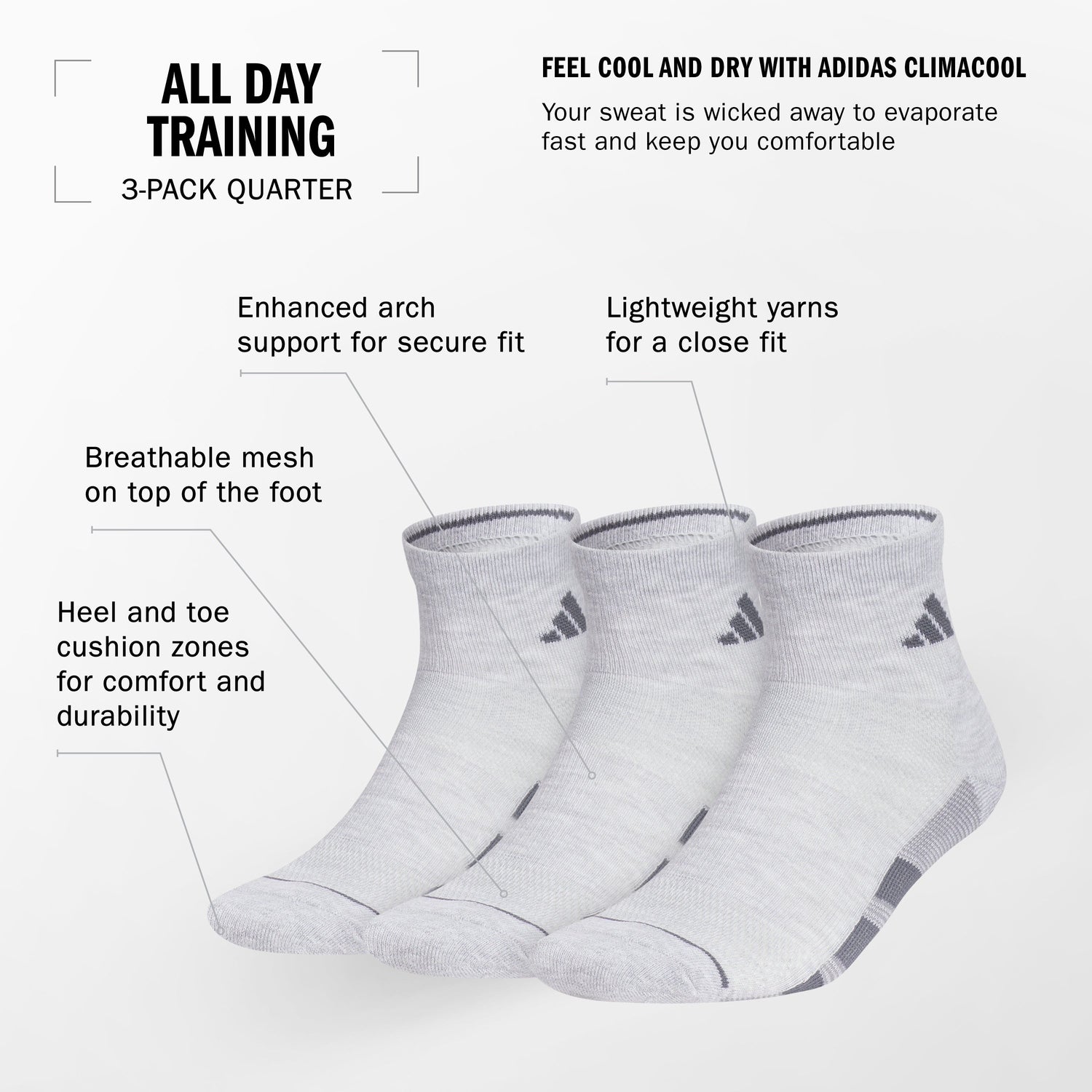 adidas Men's All Day Training 3-Pack Quarter Socks Unisex Accessories Socks