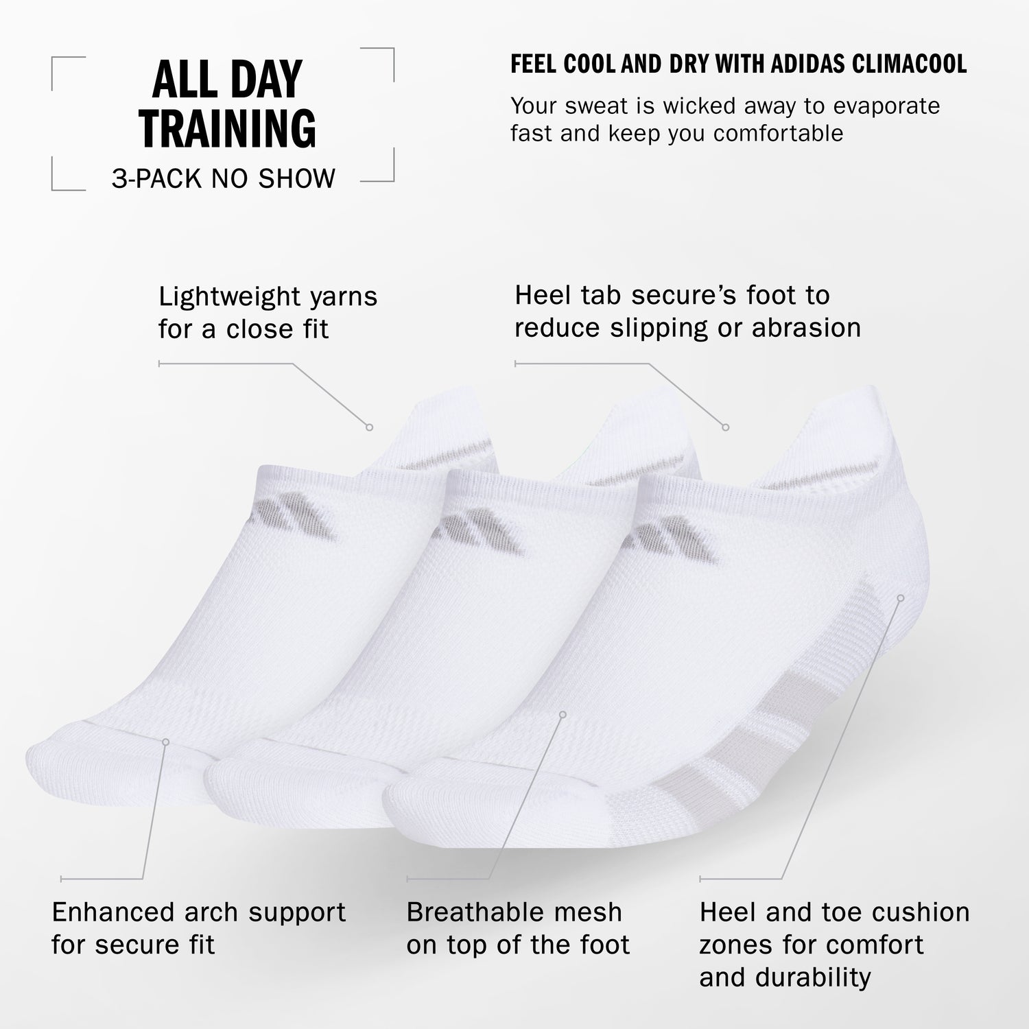 adidas Women's All Day Training 3-Pack No Show Socks Unisex Accessories Socks
