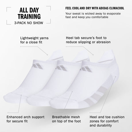 adidas Women's All Day Training 3-Pack No Show Socks Unisex Accessories Socks