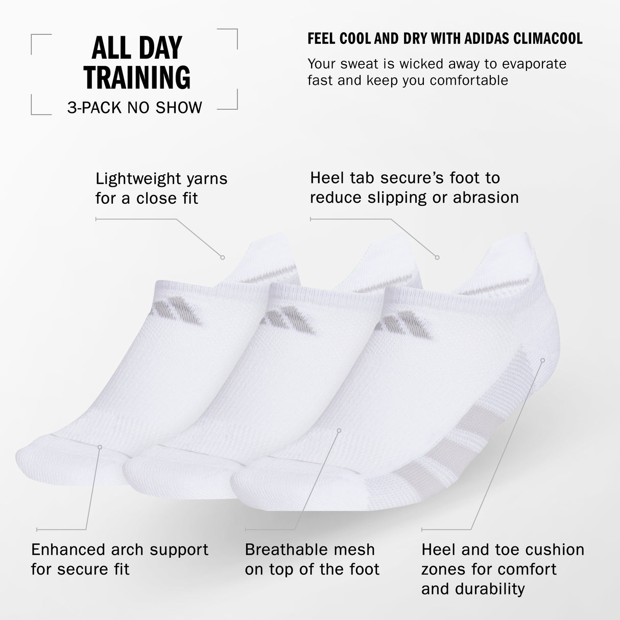 adidas Women's All Day Training 3-Pack No Show Socks Unisex Accessories Socks