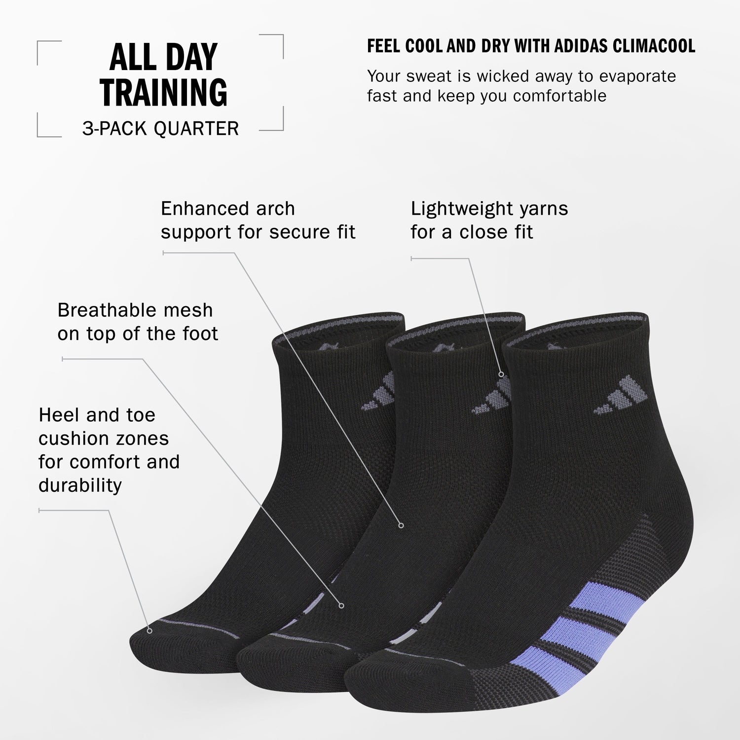 adidas Women's All Day Training 3-Pack Quarter Socks Unisex Accessories Socks