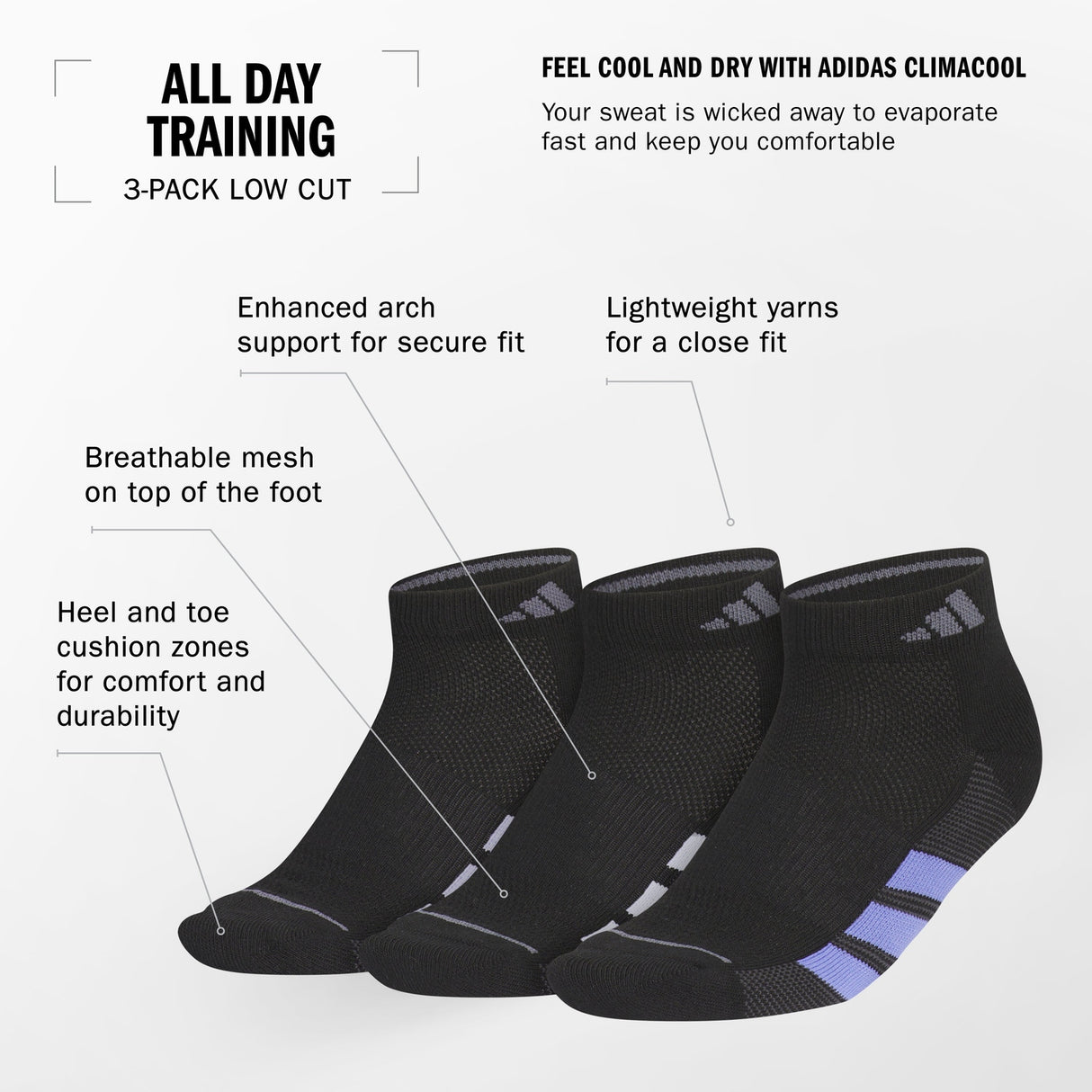 adidas Women's All Day Training 3-Pack Low Cut Socks Unisex Accessories Socks