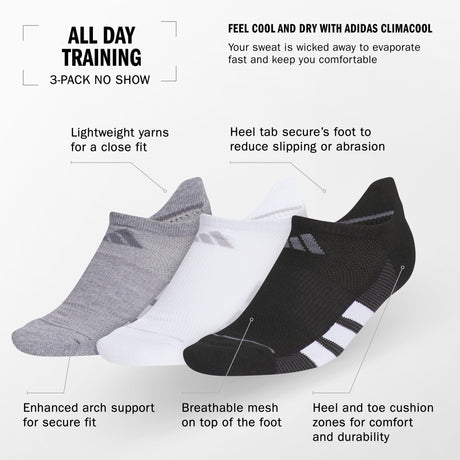 adidas Women's All Day Training 3-Pack No Show Socks Unisex Accessories Socks