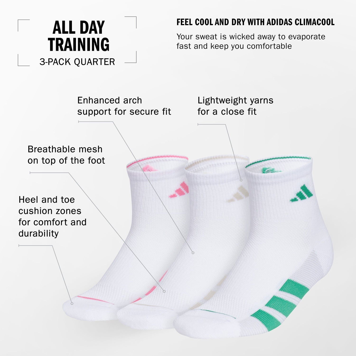 adidas Women's All Day Training 3-Pack Quarter Socks Unisex Accessories Socks